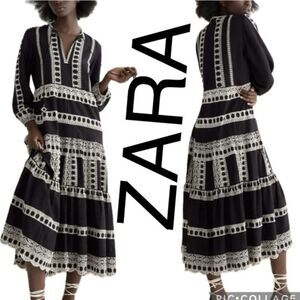 Zara Black Maxi Dress with White Lace Trim